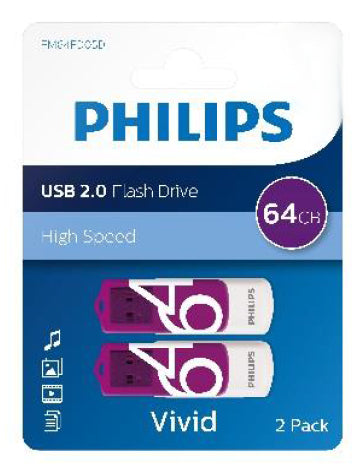 Philips USB stick 2.0 64GB - Vivid - Paars - 2 stuks - FM64FD05D